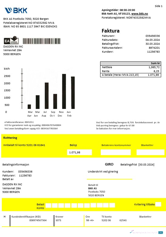 Realistische Norwegen BKK Strom Geschäftlich Nebenkostenabrechnung Vorlage in Word und PDF Formats, Good für Adresse Prove