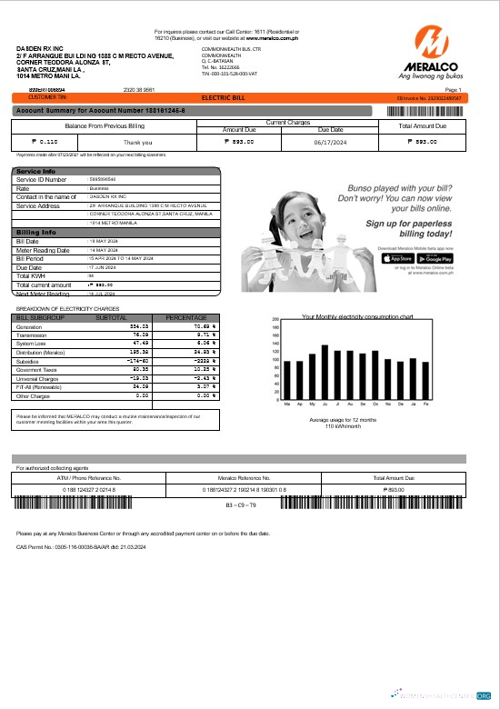 Editierbare Philippinen Meralco Strom Geschäftlich Nebenkostenabrechnung Vorlage in Word und PDF Formats