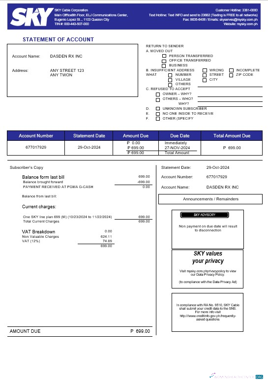 Editierbare Philippinen Sky Cable Konzern Geschäftlich Nebenkostenabrechnung Word und PDF Vorlage (2)
