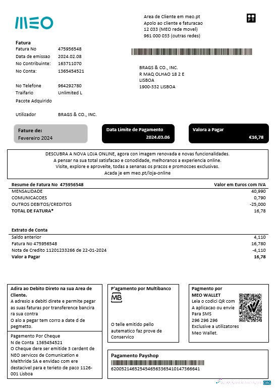 Premium Portugal MEO Geschäftlich Nebenkostenabrechnung Vorlage in Word und PDF Formats, Fully Editable