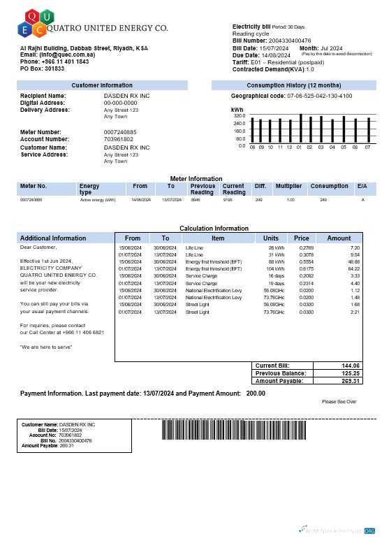 Editierbare Saudi-Arabien Quatro Vereint Energy Co. Geschäftlich Nebenkostenabrechnung, Word und PDF Vorlage