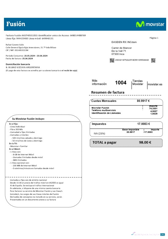 Spanien Movistar Fusion Telecom Operator Geschäftlich Nebenkostenabrechnung Dokument in Word und PDF Formats muster