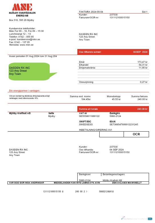Realistische Schweden Mjölby Kraftnat AB Geschäftlich Nebenkostenabrechnung Vorlage in Word und PDF Formats