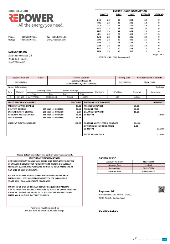 Hochwertige Schweiz Repower AG Geschäftlich Nebenkostenabrechnung Vorlage, Fully Editable in Word und PDF Formats