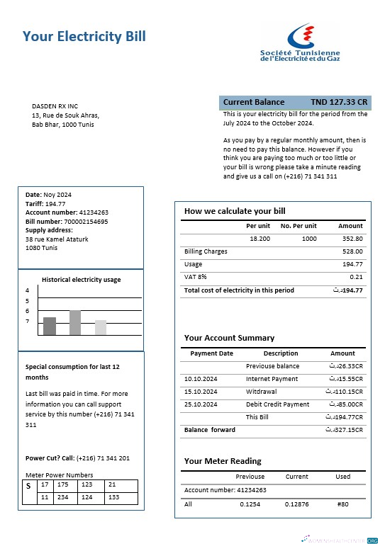 Editierbare Tunesien Strom Nachweis von Adresse Geschäftlich Nebenkostenabrechnung Vorlage in Word und PDF Formats