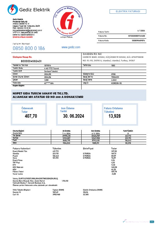 Premium Türkei Gediz Elektrik Geschäftlich Nebenkostenabrechnung Vorlage in Word und PDF Formats, Fully Editable