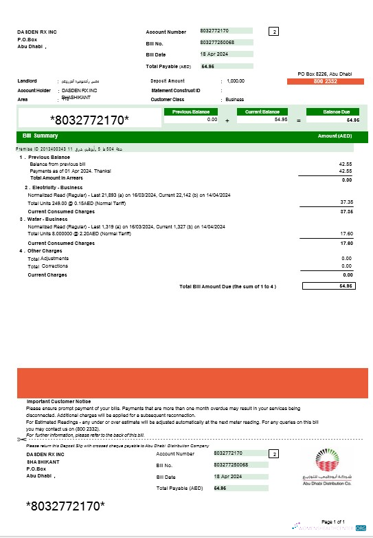 Editierbare UAE ABU DHABI Verteilung 7 CO. Geschäftlich Nebenkostenabrechnung Word und PDF Vorlage, Version 2