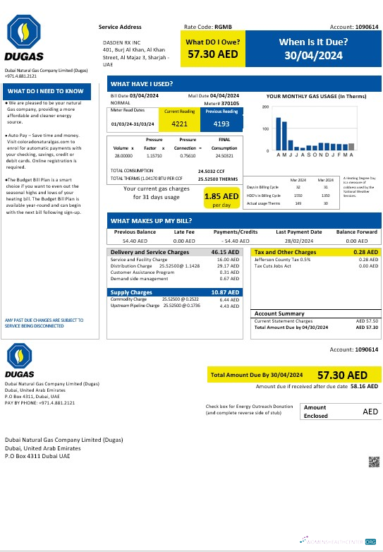 Hochwertige UAE Dubai Natural Gas Unternehmen GmbH (Dugas) Geschäftlich Nebenkostenabrechnung Vorlage in Word und PDF Formats