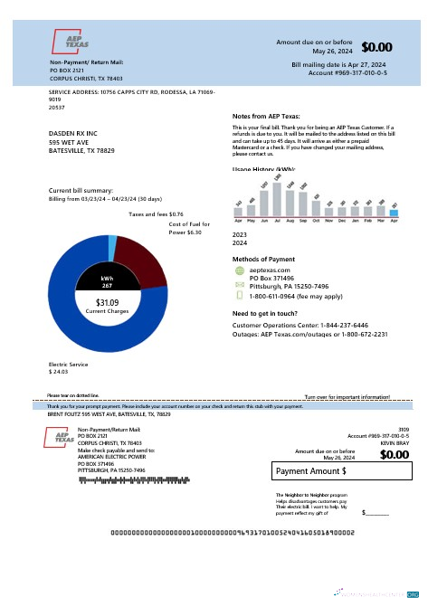 Premium USA AEP Texas Strom Geschäftlich Nebenkostenabrechnung Vorlage in Word und PDF Formats
