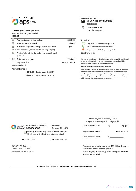Professionelle USA Arizona APS Strom Nachweis von Adresse Geschäftlich Nebenkostenabrechnung Vorlage in Word und PDF Formats