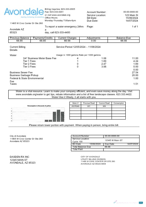 Premium USA Arizona The Stadt von Avondale Wasser Geschäftlich Nebenkostenabrechnung Vorlage in Word und PDF Formats