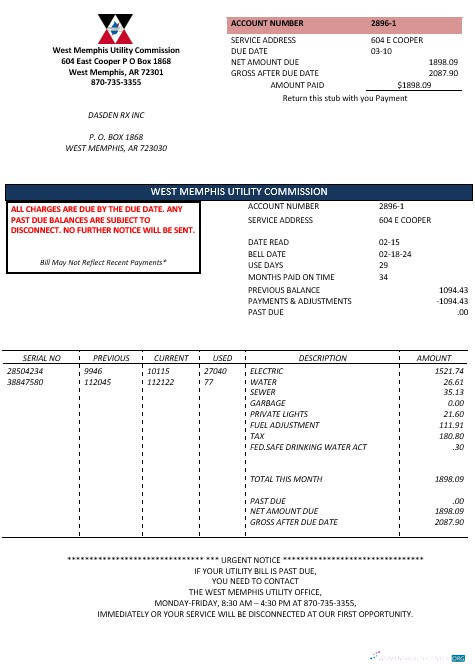 Editierbare USA Arkansas West Memphis Geschäftlich Nebenkostenabrechnung Vorlage in Word und PDF Formats