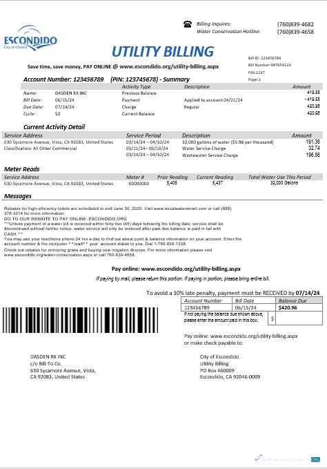 Hochwertige USA California Escondido Stadt von Choice Geschäftlich Nebenkostenabrechnung Vorlage in Word und PDF Formats