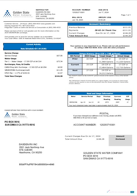 Hochwertige USA California Golden Staatlich Wasser Unternehmen Geschäftlich Nebenkostenabrechnung Vorlage in Word und PDF Formats