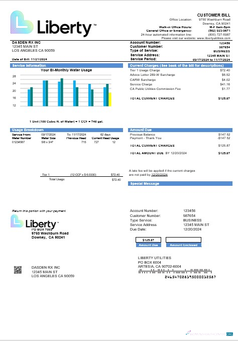Hochwertige USA California Liberty Utilities Geschäftlich Nebenkostenabrechnung Vorlage in Word und PDF Formats