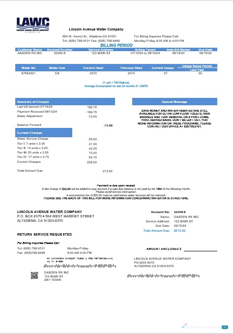 Premium USA California Lincoln Avenue Wasser Unternehmen Geschäftlich Nebenkostenabrechnung Vorlage in Word und PDF Formats