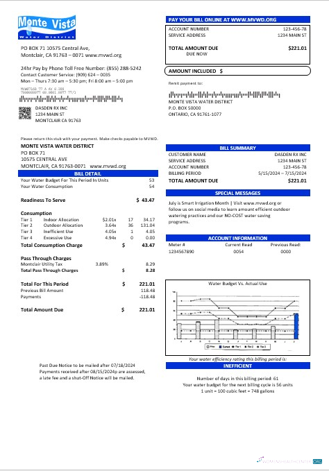 Professionelle USA California Monte Vista Wasser Bezirk Geschäftlich Nebenkostenabrechnung Vorlage in Word und PDF Formats