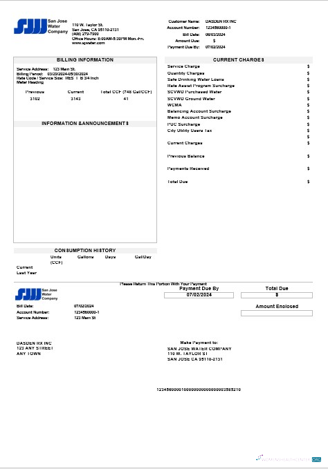 Professionelle USA California San Jose Wasser Geschäftlich Nebenkostenabrechnung Vorlage in Word und PDF Formats
