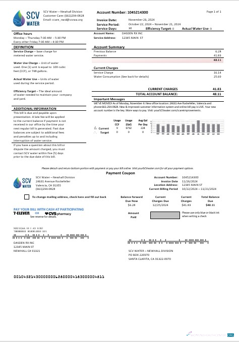 Premium USA California Santa Clarita SCV Wasser Geschäftlich Nebenkostenabrechnung Vorlage in Word und PDF Formats