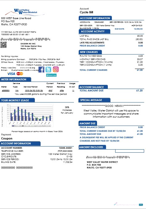 Professionelle USA California West Valley Wasser Bezirk Geschäftlich Nebenkostenabrechnung Vorlage in Word und PDF Formats