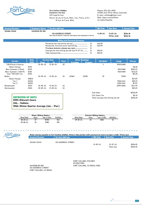 Hochwertige USA Colorado Fort Collins Utilities Geschäftlich Nebenkostenabrechnung Vorlage in Word und PDF Formats