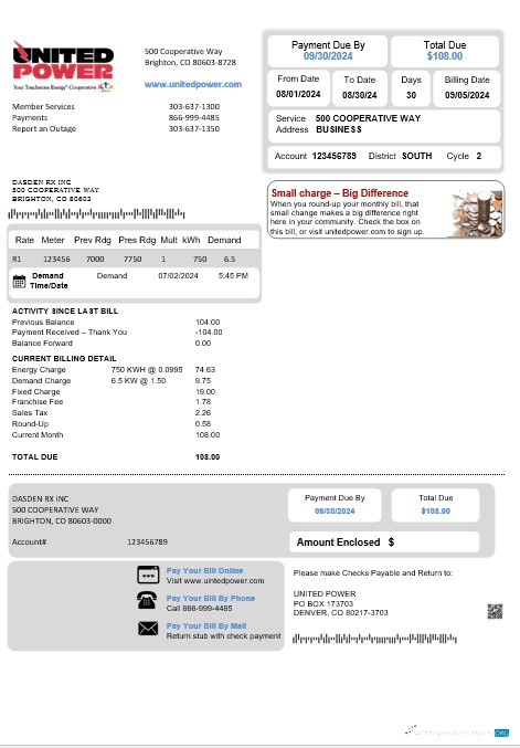 Hochwertige USA Colorado Vereint Power Geschäftlich Nebenkostenabrechnung Vorlage in Word und PDF Formats