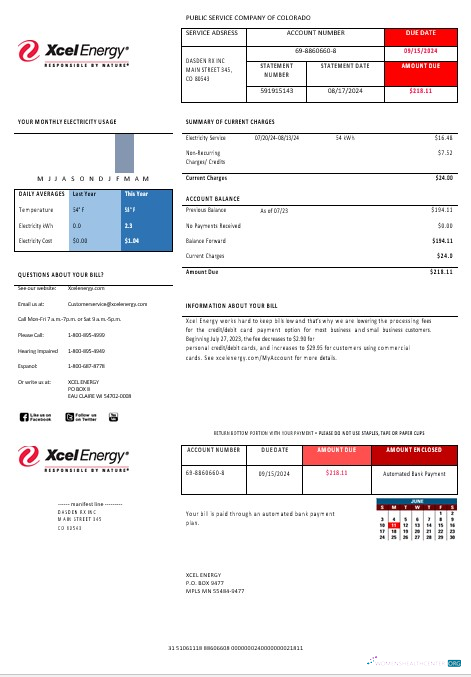 Premium USA Colorado XcelEnergy Strom Geschäftlich Nebenkostenabrechnung Vorlage in Word und PDF Formats, Version 3
