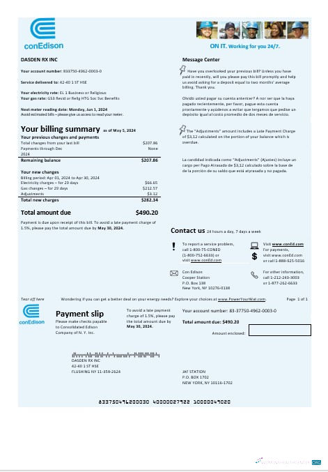 Editierbare USA Con Edison Strom Geschäftlich Nebenkostenabrechnung Vorlage in Word und PDF Formats