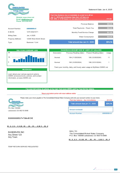 Professionelle USA Consolidated Mutual Wasser Geschäftlich Nebenkostenabrechnung Vorlage in Word und PDF Formats