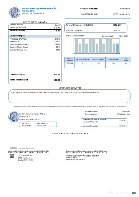 Hochwertige USA Eastern Suburban Wasser Behörde Geschäftlich Nebenkostenabrechnung Vorlage in Word und PDF Formats
