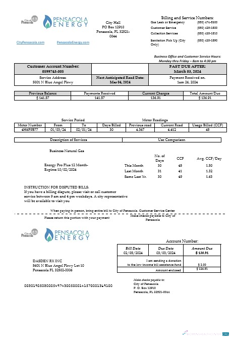 Editierbare USA Florida Pensacola Energy Geschäftlich Nebenkostenabrechnung Vorlage in Word und PDF Formats