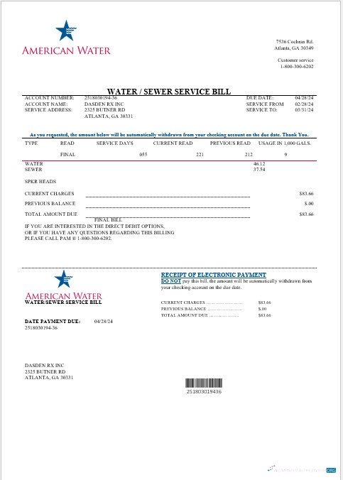 Premium USA Georgien American Wasser Geschäftlich Nebenkostenabrechnung Vorlage in Word und PDF Formats