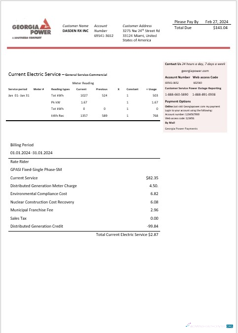 Realistische USA Georgien Power Geschäftlich Nebenkostenabrechnung Vorlage in Word und PDF Formats, Fully Editable