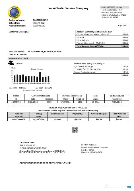 Premium USA Hawaii Wasser Service Unternehmen Geschäftlich Nebenkostenabrechnung Vorlage in Word und PDF Formats