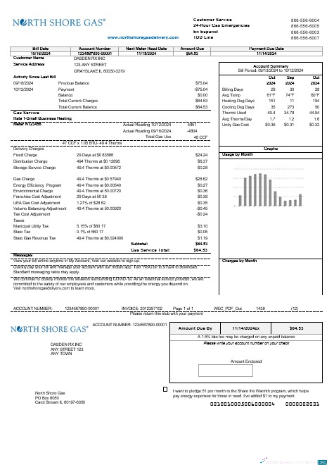 Realistische USA Illinois Nord Shore Gas Geschäftlich Nebenkostenabrechnung Vorlage in Word und PDF Formats