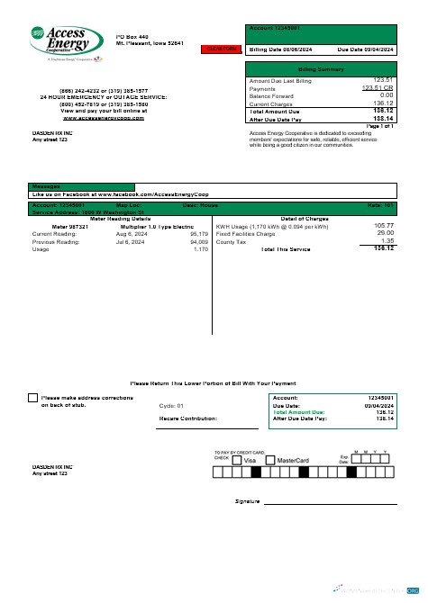 Hochwertige USA Iowa Access Energy Cooperative Geschäftlich Nebenkostenabrechnung Vorlage in Word und PDF Formats