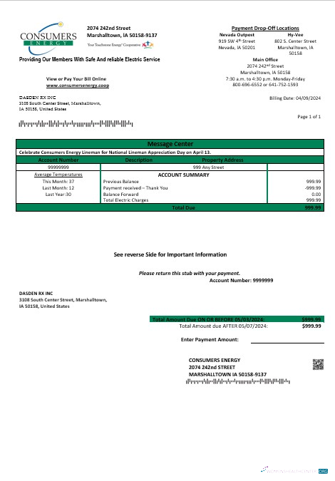 Hochwertige USA Iowa Consumers Energy Geschäftlich Nebenkostenabrechnung Vorlage in Word und PDF Formats