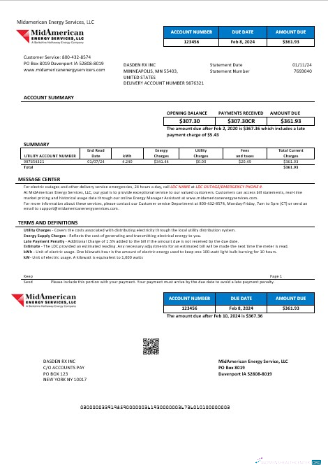 Editierbare USA Iowa MidAmerican Energy Services Geschäftlich Nebenkostenabrechnung Vorlage in Word und PDF Formats
