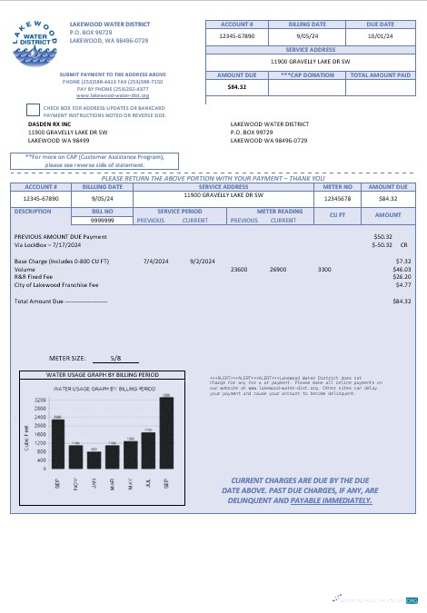 Professionelle USA Lakewood Wasser Bezirk Geschäftlich Nebenkostenabrechnung Vorlage in Word und PDF Formats