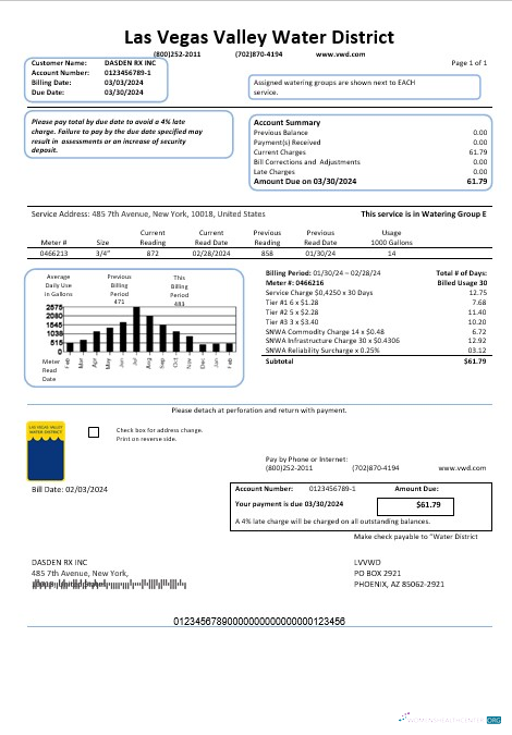 Professionelle USA Las Vegas Valley Wasser Bezirk (LVVWD) Geschäftlich Nebenkostenabrechnung Vorlage in Word und PDF Formats
