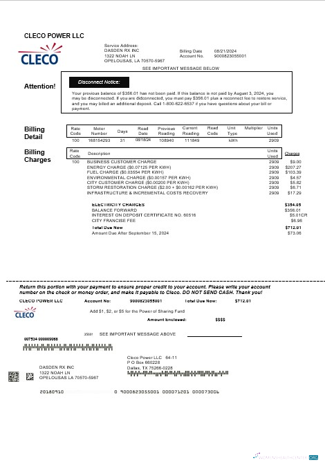 Realistische USA Louisiana Cleco Power Strom Geschäftlich Nebenkostenabrechnung Vorlage in Word und PDF Formats