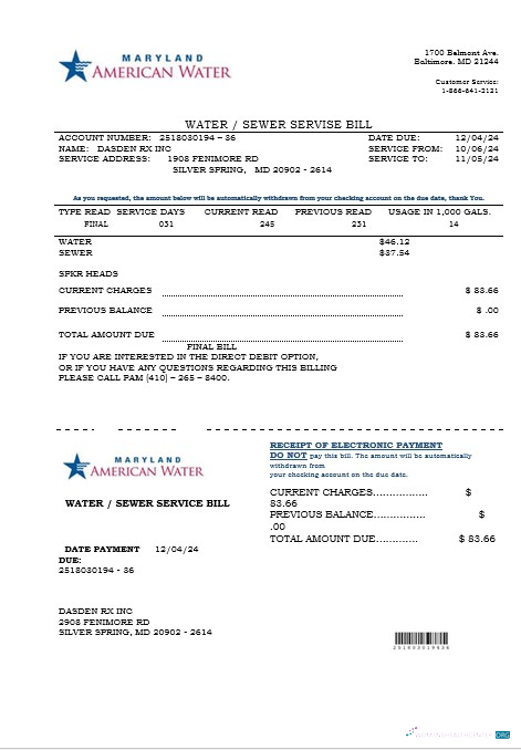 Hochwertige USA Maryland American Wasser Geschäftlich Nebenkostenabrechnung Vorlage in Word und PDF Formats