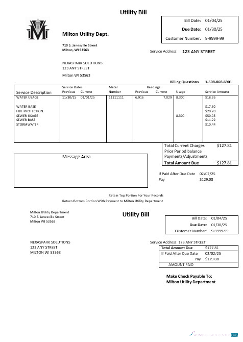 Editierbare USA Massachusetts Milton Utility Dept Wasser Geschäftlich Nebenkostenabrechnung Vorlage in Word und PDF Formats