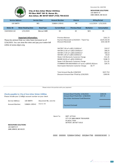 Professionelle USA Michigan Stadt von Ann Arbor Wasser Utilities Geschäftlich Nebenkostenabrechnung Vorlage in Word und PDF Formats