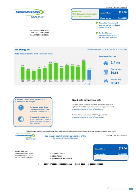 Hochwertige USA Michigan Consumers Energy Geschäftlich Nebenkostenabrechnung Vorlage in Word und PDF Formats