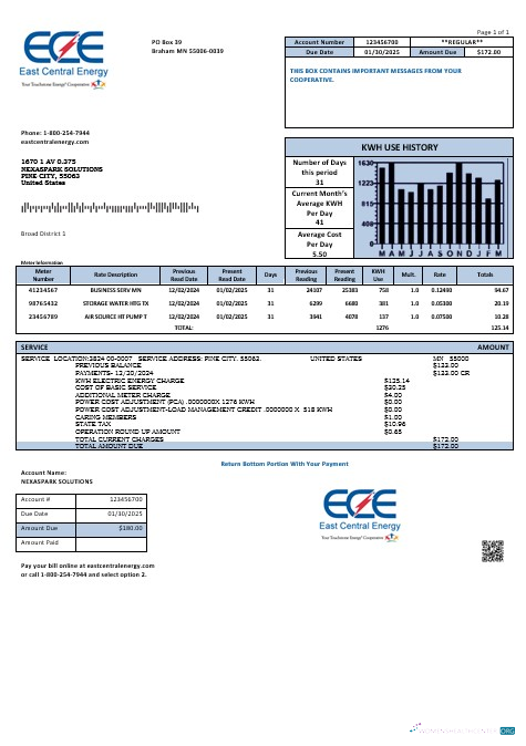Premium USA Minnesota Ost Zentral Energy Geschäftlich Nebenkostenabrechnung Vorlage in Word und PDF Formats