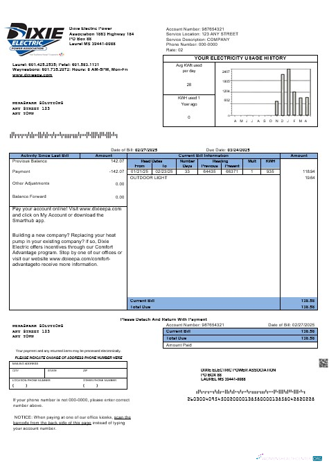 Realistische USA Mississippi Dixie Electric Geschäftlich Nebenkostenabrechnung Vorlage in Word und PDF Formats