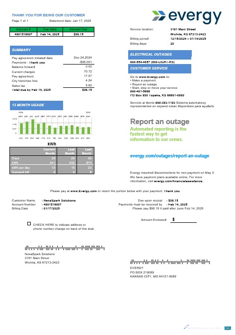 Realistische USA Missouri Evergy Strom Geschäftlich Nebenkostenabrechnung Vorlage in .doc und .PDF Formats