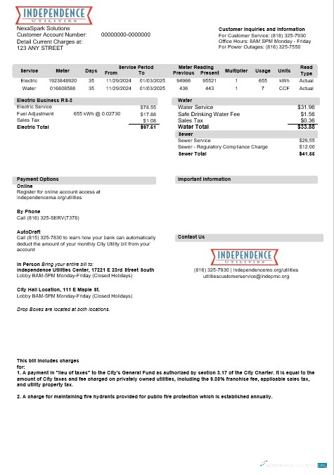Realistische USA Missouri Independence Utilities Geschäftlich Nebenkostenabrechnung Vorlage in Word und PDF Formats, Version 2