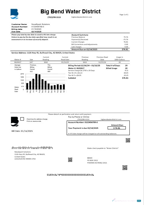 Realistische USA Nevada Big Bend Wasser Bezirk Geschäftlich Nebenkostenabrechnung Vorlage in Word und PDF Formats